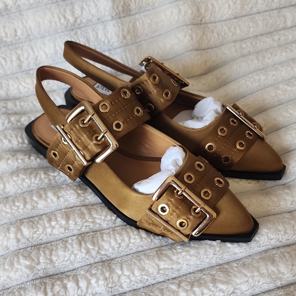 Steve Madden Shoes - Steve Madden Graya Olive Green Satin Slingback Flats With Gold Hardware